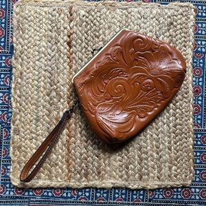 Patricia Nash Brown Leather Tooled Wristlet with brass Kiss Clasp